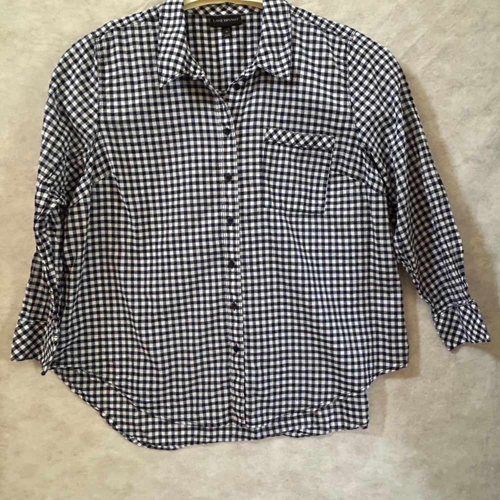 Lane Bryant Womens 26 Navy White Gingham Cotton Button Down Shirt‎ S1048025